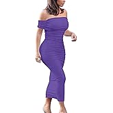 GOBLES Women's Ruched Off Shoulder Short Sleeve Bodycon Midi Elegant Cocktail Party Dress