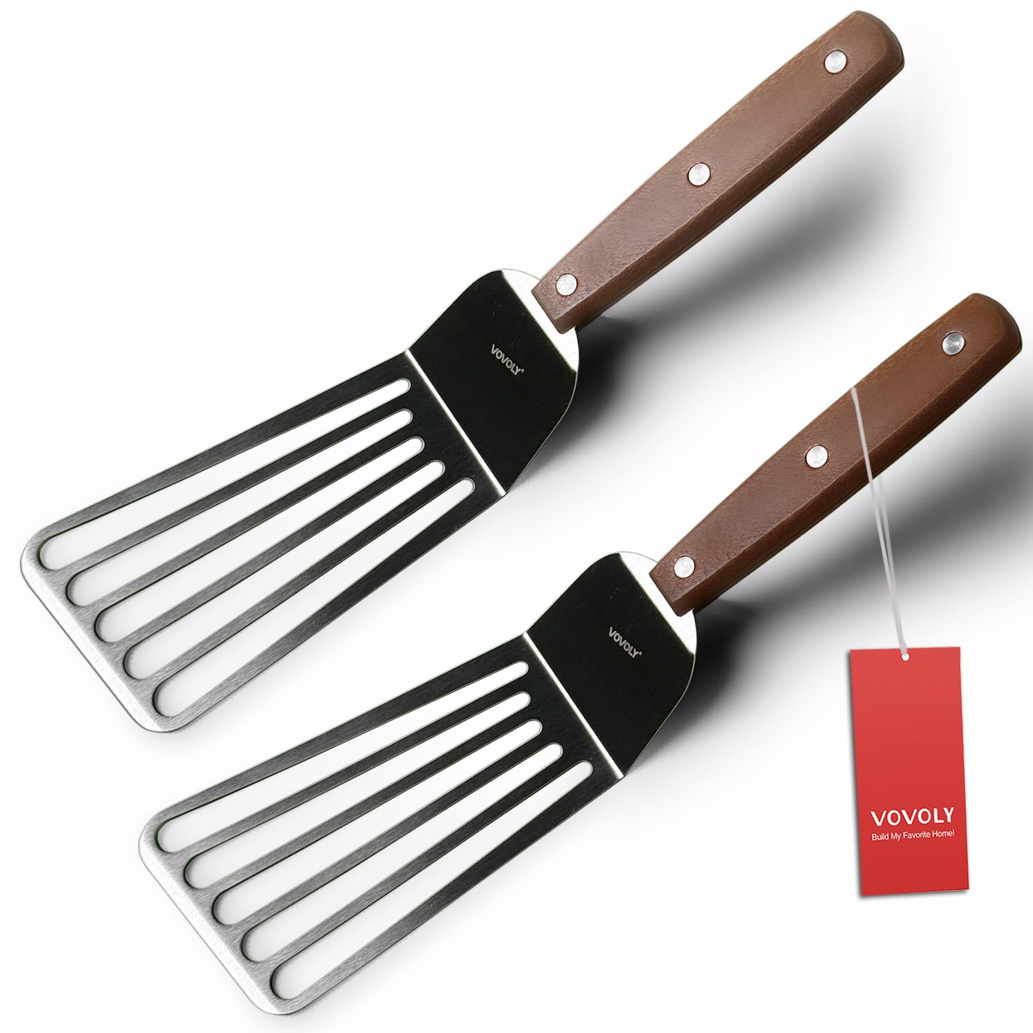Photo 1 of 2 Pack Offset Fish Spatula Turner, Stainless Steel Slotted Spatulas for Flipping, Turning, Frying & Grilling, Offset Metal Slotted Spatulas, Wooden Full Tang Handle
