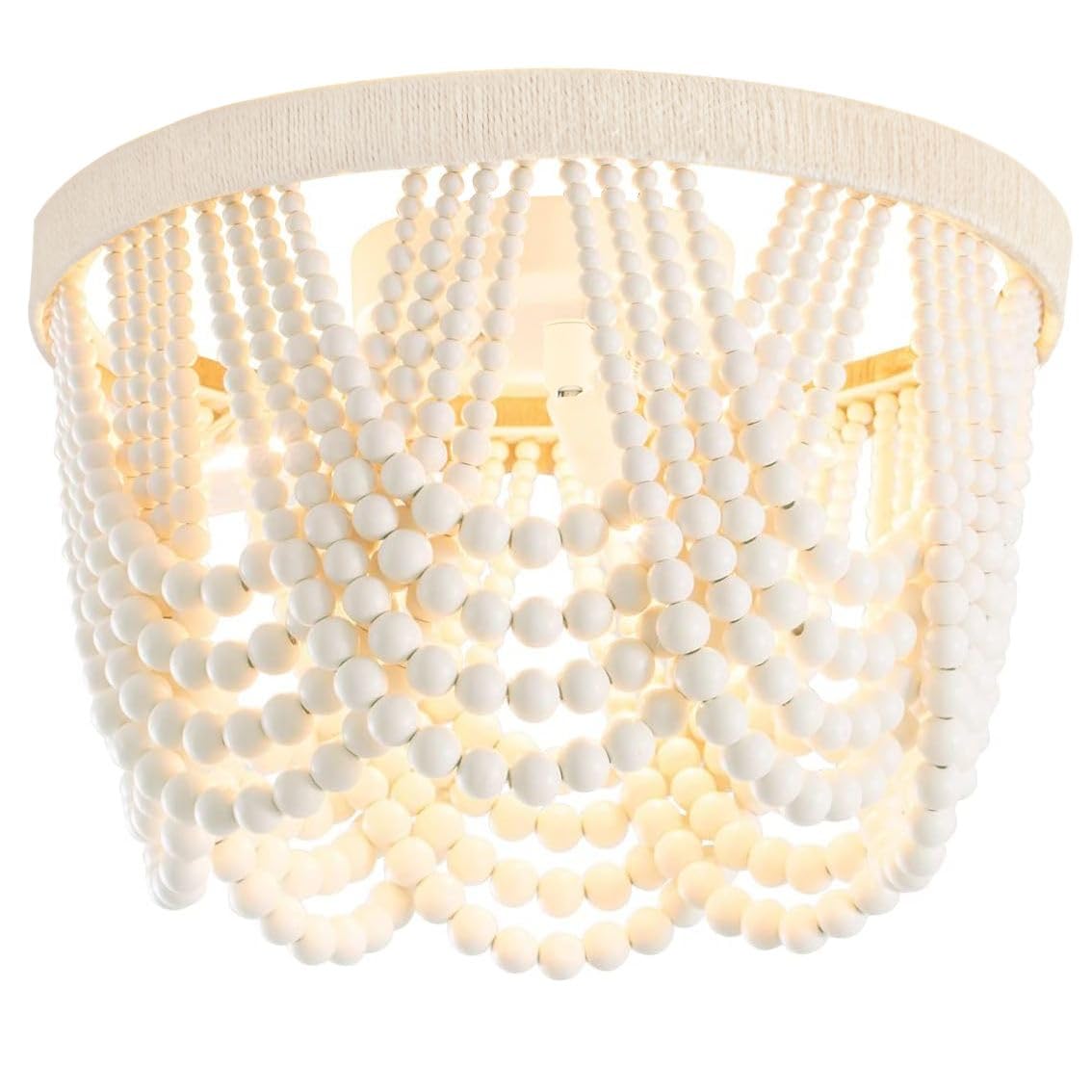 Photo 1 of Wuhuyipi Boho Wood Beaded Chandelier,LED Flush Mount Ceiling Light,Farmhouse Rustic White Hemp Rope Chandeliers Fixture for Bedroom,Drawing Room,Kitchen, Entryway,Dining Room(3-Light)