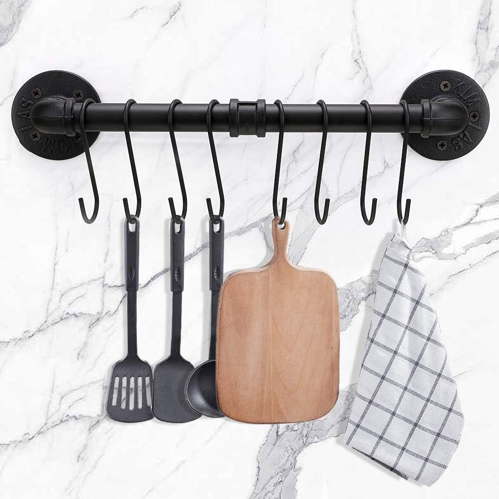 Sumnacon 16 Inch Industrial Pipe Pan Pot Rack with 8-Hooks, Wall Mounted Metal Rail Kitchen Utensil Pot Pan Lid Storage Organizer/Cookware Holder with Hardwares: Kitchen & Dining