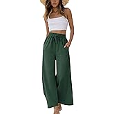 Yeokou Women Linen Cotton Wide Leg Pants Drawstring Elastic High Waist Casual Palazzo Trousers with Deep Pockets