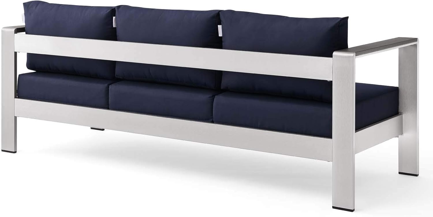 Modway Shore Aluminum Metal Outdoor Patio Sofa With Silver Navy All-Weather Cushions : Garden & Outdoor