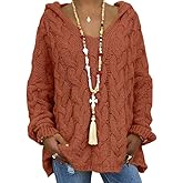 Akivide Women's Oversized Chunky Cable Knit Pullover Hooded Sweaters V Neck Long Sleeve Loose Hoodies