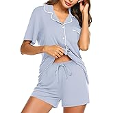 Ekouaer Womens Cotton Pajamas Set Classic Short Sleeve Pjs Set Soft Button Down Sleepwear Loungewear