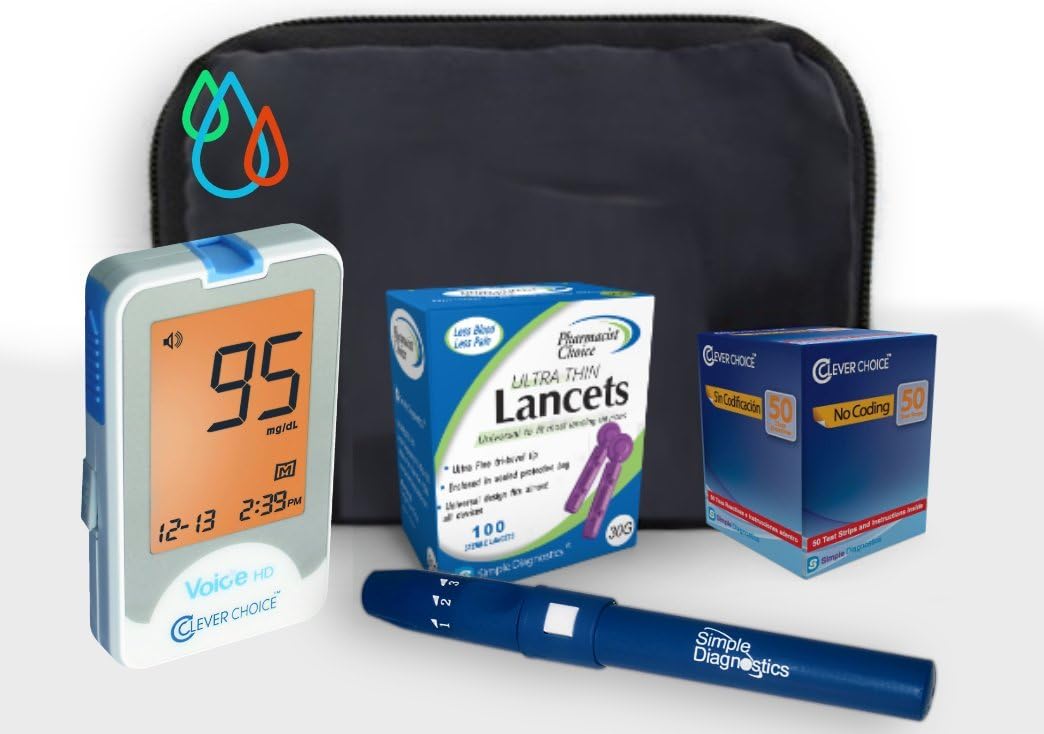 Raindrop USA - Clever Choice Voice HD Blood Glucose Monitor Kit (50 Test Strips, 100 Lancets)
