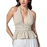 Verdusa Sexy Going Out Tops for Women Y2k Beaded Halter Tops Ruffle Deep V Neck Sleeveless Clubwear