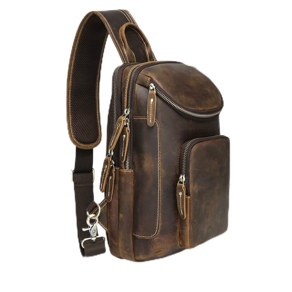 LANNSYNE Vintage Full Grain Leather Sling Bag Crossbody Chest Daypack
