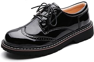 XIKETE Oxford Shoes for Women,Perforated Lace-up Round Toe Leather Low Heel Brogues Shoe for Girls Ladies Women