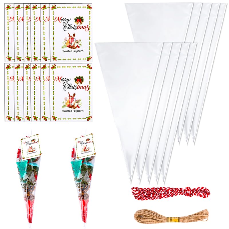 Photo 1 of 100 Sets 202 Pcs Christmas Potpourri Bags Cellophane, Simmer Pot Bags Tags for Gifts, Xmas Simmering Packs Stovetop Simmer Pot Potpourri Bag, DIY Christmas Cellophane Bags Simmer Packs Triangle