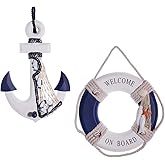 2 Pack 13" Nautical Beach Wooden Ship Wheel and 13" Wooden Anchor with Rope Nautical Boat Steering Wheel Rudder Anchor Wall Art Decor Door Hanging Ornament Beach Theme Home Decoration (Blue)