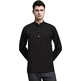 SKAVIJ Men’s Cotton Kurta Shirt – Long Sleeve Henley Tunic with Mandarin Collar Chest Pocket – Casual Ethnic Wear Top