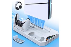GamingBliss PS5 Slim Stand and Cooling Station with Dual Controller Charging Station for PlayStation 5 Slim Disc/Digital, Vertical Cooling Stand with 2 Headset Holder, 3 USB Hubs(Not for Regular PS5)