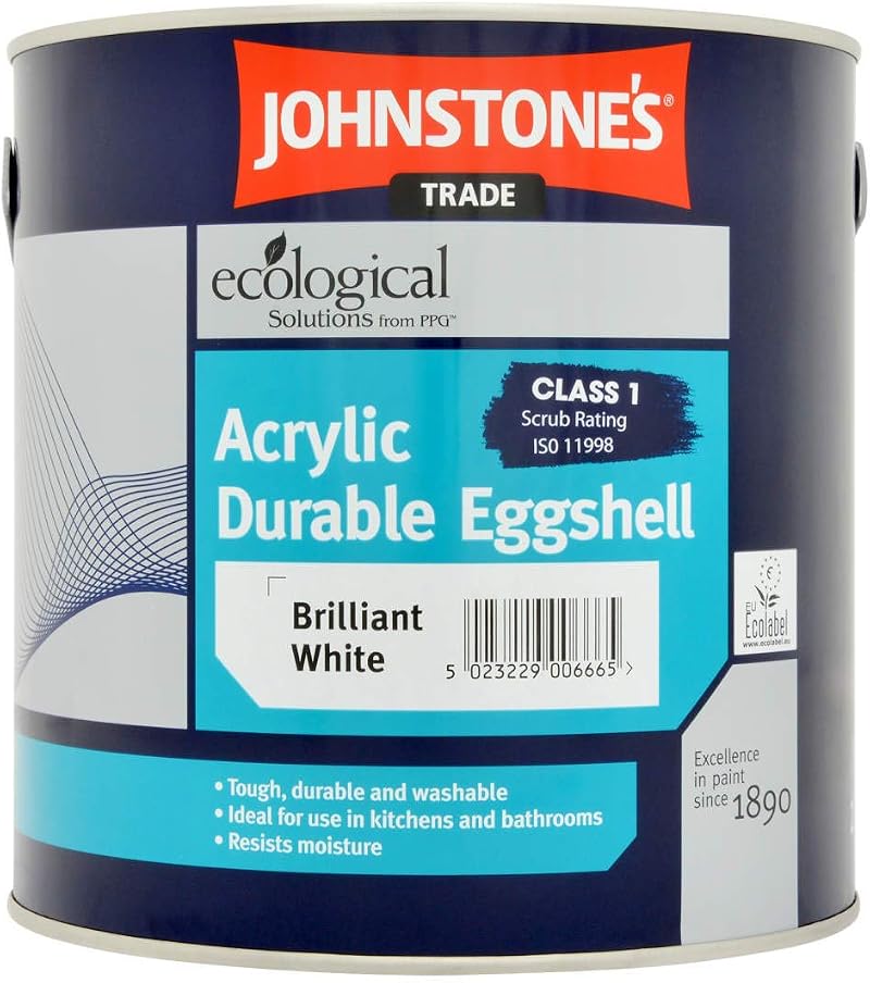 Johnstones Trade Acrylic Eggshell Brilliant White 2.5 Litre Durable Paint