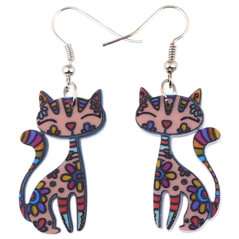 Bonsny Acrylic Long Drop Dangle Cat Earrings "CAYLEIGH Statement Pop-Art Kitten Gift Women (Multicolor)