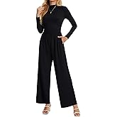 Chicingyou Womens Long Sleeve Jumpsuits Dressy Casual Fall Fashion 2025 Mock Neck Jumpsuits Business Wide Leg Rompers Pockets