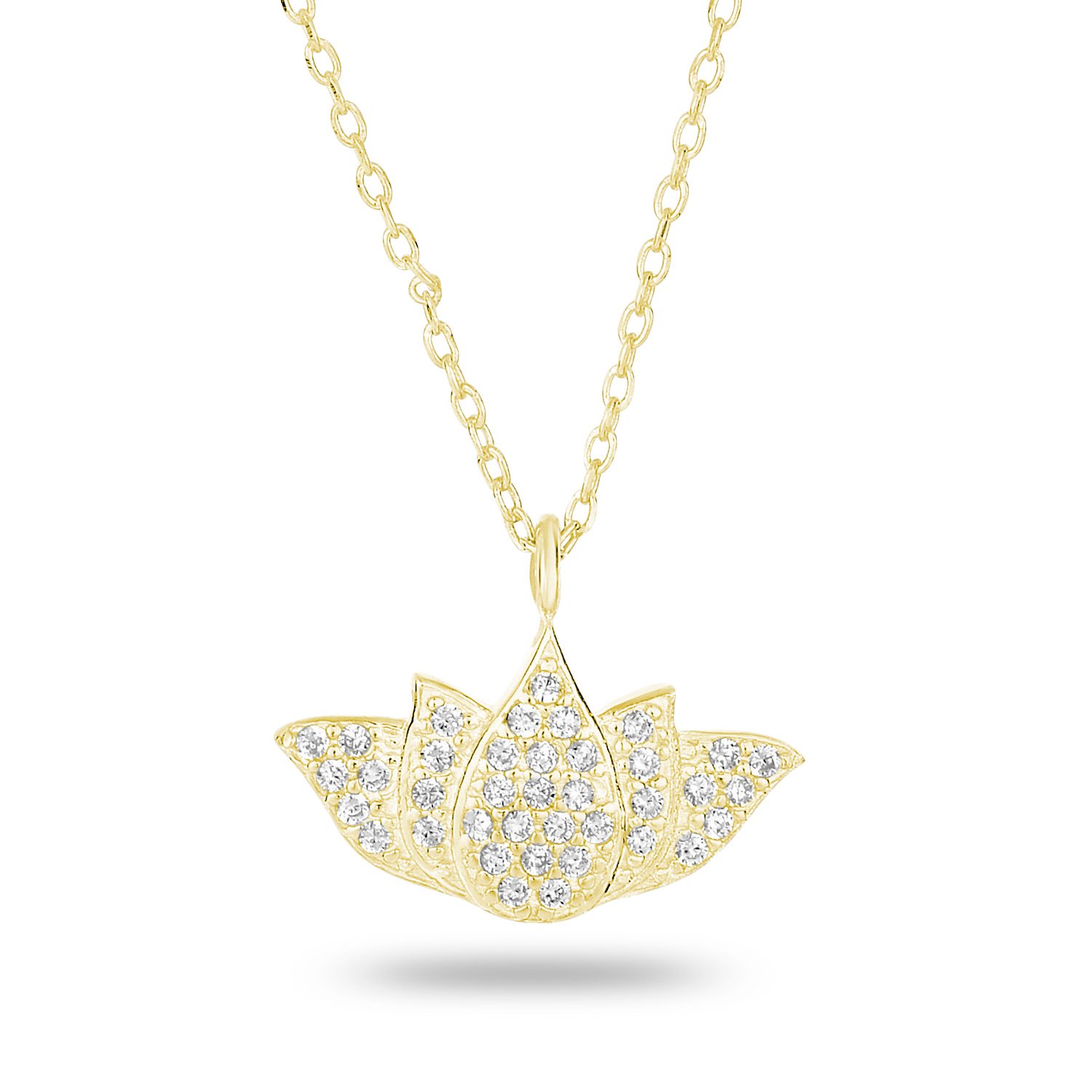 14k Yellow Gold Plated Sterling Silver Cubic Zirconia Pave Matte Finish Lotus Pendant Necklace, 18\