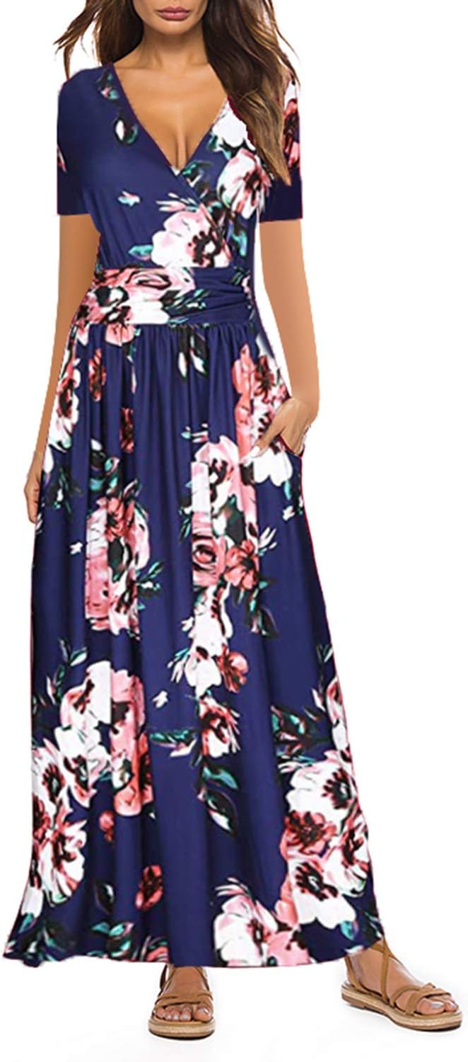 Women Maxi Dresses Summer V Neck Short Sleeve Floral Print Wrap Long Dress with Pockets