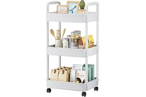 EZ COZY 3 Tier Rolling Cart, Plastic Diaper Cart Organizer with Wheels, Roller Cart for Diapers, Baby Nursery, Kitchen, Bathroom, Living Room and Bedside, White
