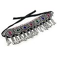 Duel On Jewel Women’s Afghan Tribal Choker Necklace, Antique Oxidized Metal with Multicolor Glass Beads, Engraved Coins, and Dangling Metal Bead Charms, Bohemian Belly Dance Indian Festival Jewelry