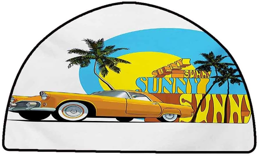 Non-Slip Modern Carpet Retro,Vintage Car in Magic City Miami with Exotic Coconut Trees Sunny Day Beach,Yellow Blue Orange,W47 x L31 Half Round Floor mats