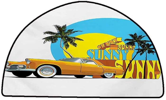 Non-Slip Modern Carpet Retro,Vintage Car in Magic City Miami with Exotic Coconut Trees Sunny Day Beach,Yellow Blue Orange,W47 x L31 Half Round Floor mats