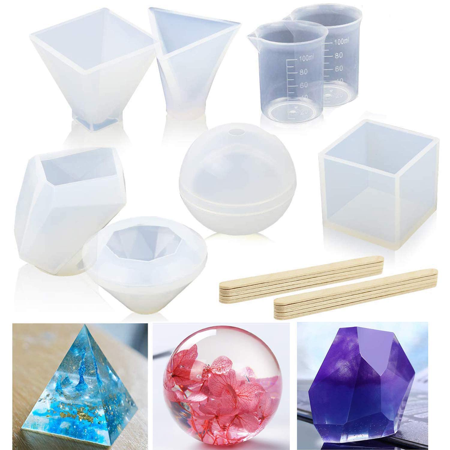 DesignerBox 18Pcs Resin Casting Molds Set, Silicone Casting Molds Including Cube, Pyramid, Sphere, Diamond, Stone Resin Mold with 2 Measurement Cups,10 Wood Sticks for DIY Jewelry Making
