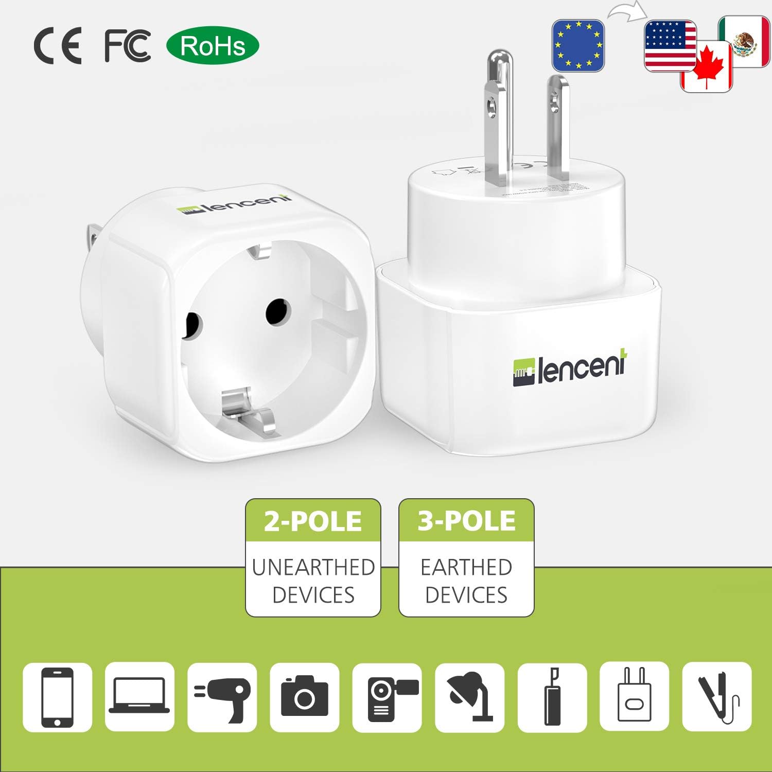 Europe to US Plug Adapter, [2 Packs] LENCENT European to USA Adapter, American Outlet Plug Adapter, EU to US Adapter, Europe to USA Travel Plug Converter: Home Audio & Theater