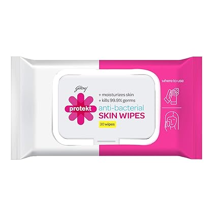 Godrej Protekt Anti-bacterial Skin Wipes (30 Wipes)-Kills 99.9% Germs and Moisturizes Skin, Suitable for Men, Women and Children, No Alcohol Wet Tissue