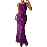 PRETTYGARDEN Womens Summer Dresses 2026 Elegant Spaghetti Straps Evening Gown Floral Print Bodycon Maxi Mesh Sundress