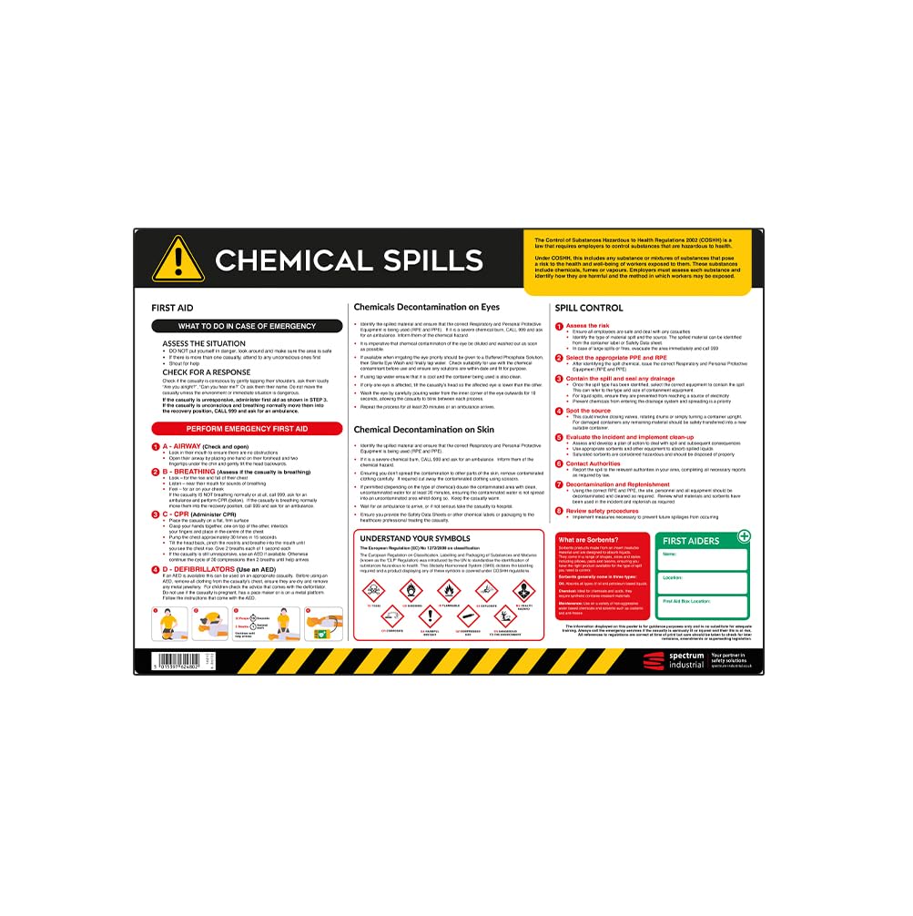 Chemical Spills Safety Poster - A2 Anti-Scuff PVC | Hazardous Substance Spill Response Guide | Health & Safety Sign for UK Compliance