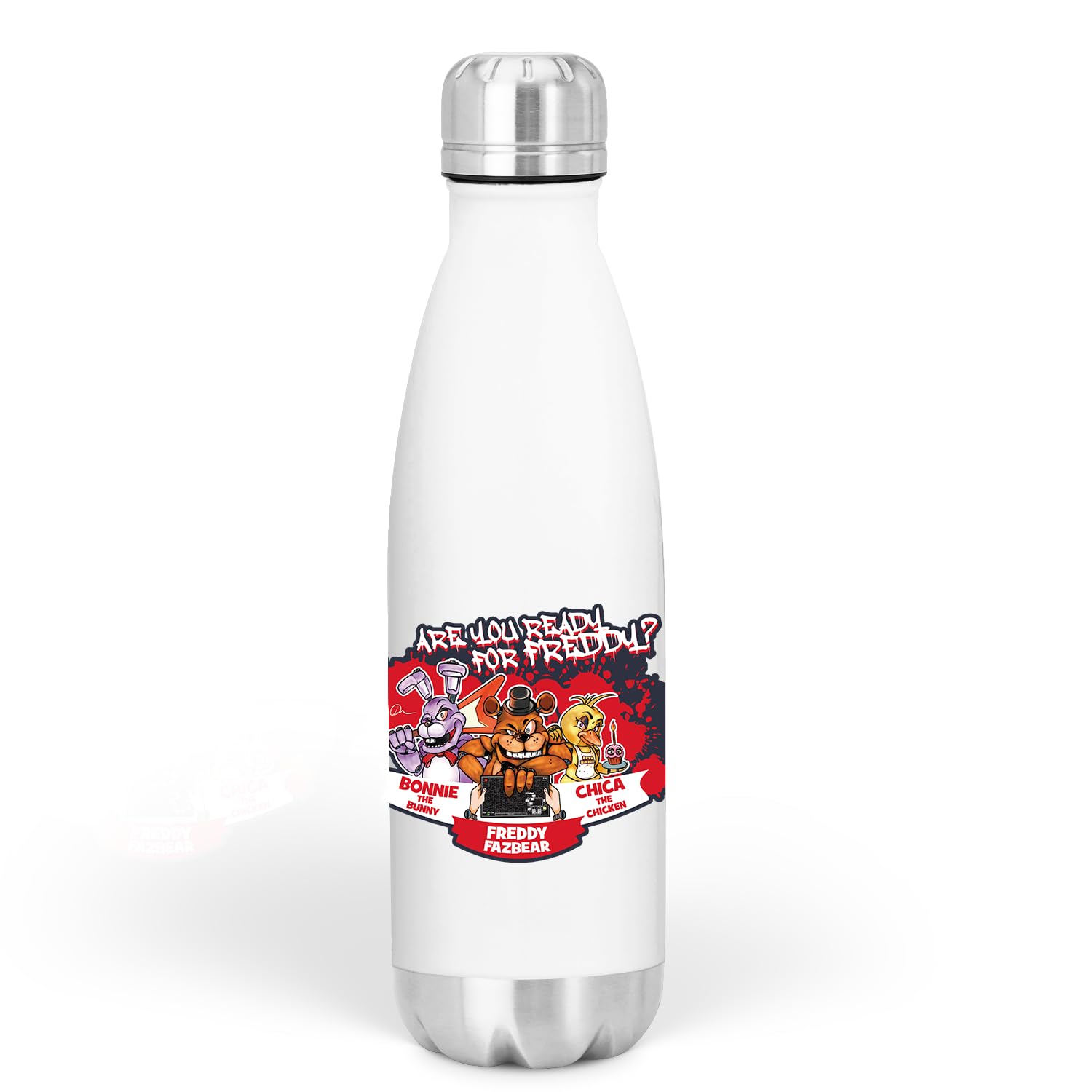 Smartypants Animatronic Horror Gaming Water Bottle 500ml Insulated Stainless Steel Flask Freddy Bonnie Chica Fan Gift for Gamers School Travel Reusable Leakproof Drinks Bottle White Silver