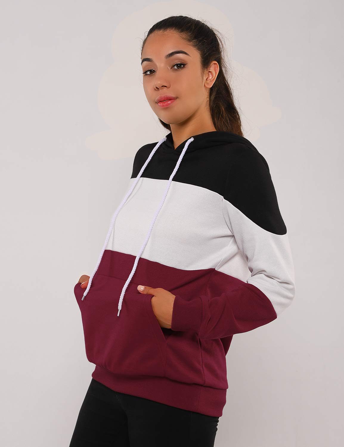 Blooming Jelly Women\'s Striped Hoodies Long Sleeve Drawstring Sweatshirt Color Block Tops with Pocket(Bkack,L=UK 14) Red