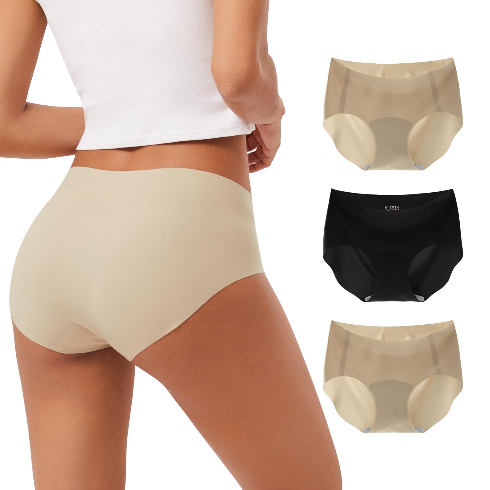 Photo 1 of INNERSY Women's Seamless No Show Hipster Panties Invisible Light Underwear 3-Pack(Black/Nude,Large)