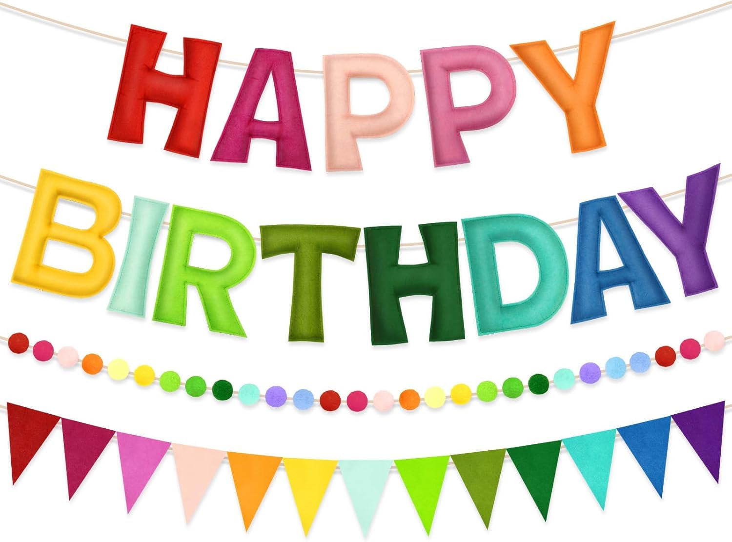 Pre-Strung Happy Birthday Banner - Felt Ball Garland - HAPPY BIRTHDAY Garland, Rainbow Birthday Decorations, Personalized Sign for Party Decor, Photo Prop (Multicolor Balls Flags) — image 1