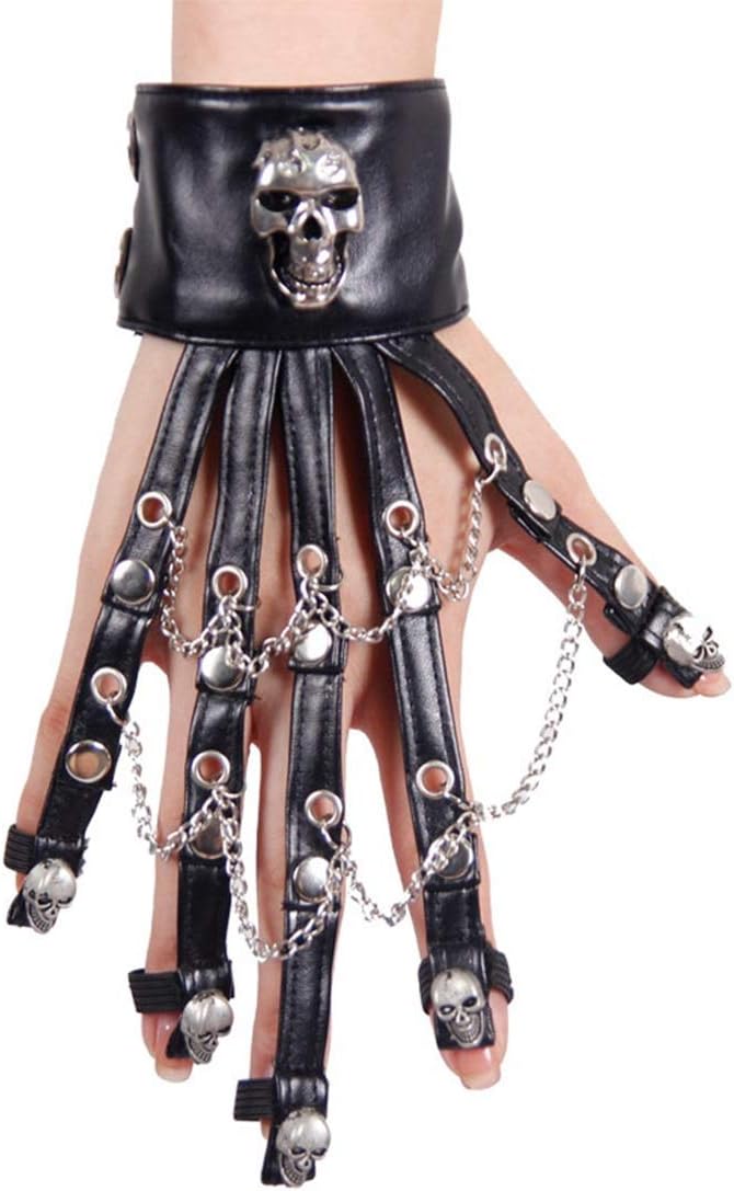 YUMUYMEY 1Piece Skeleton Skull Motorcycle Gothic Glove Chain Rivet Accessories Punk Rock Women Men Vintage Halloween Steampunk Cosplay Props (Color : Black)