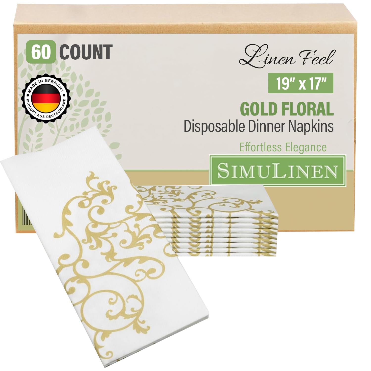 Photo 1 of SimuLinen Gold & White Dinner Napkins - Disposable Linen Feel Decorative Cloth-Like Large Napkins - Elegant, Soft, Absorbent & Durable Airlaid Material (19"x17" - Box of 60)