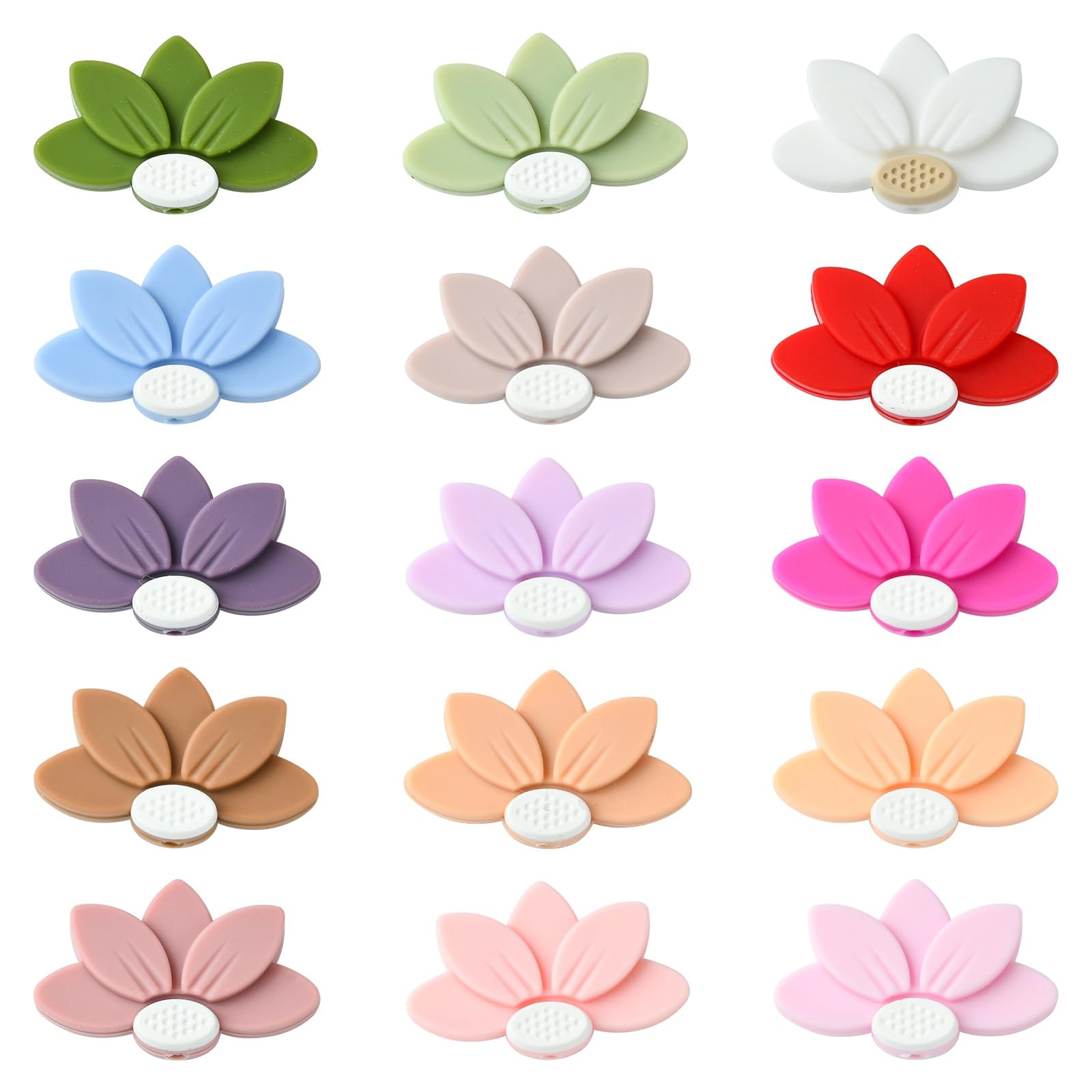 Ipotkitt 15 Pcs 15 Colours Lotus Flower Silicone Focal Beads Floral Spacer Beads Rubber Plant Beads for DIY Spring Jewellery Making Home Party Decor