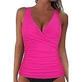 Mycoco Women's Underwire Tankini Top Twist V Neck Push Up Swim Top Ruched Bathing Suit Tops Only