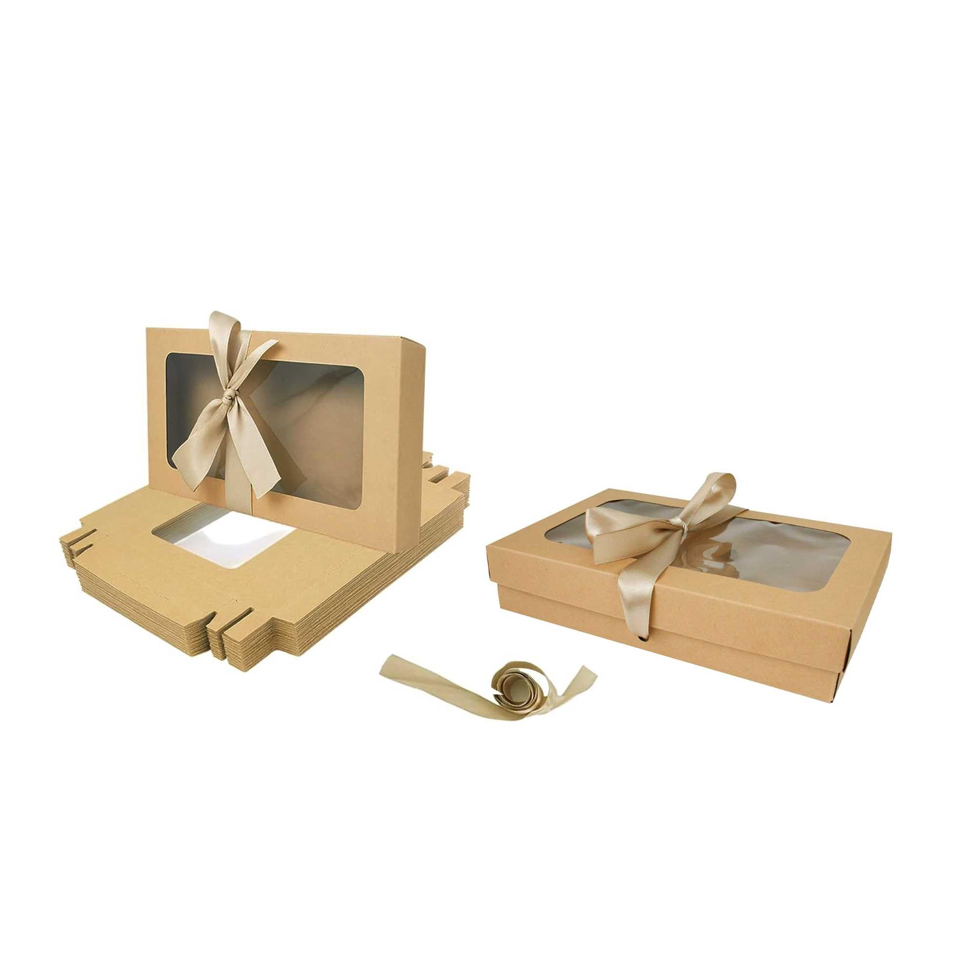 Emartbuy Gift Box with Clear Window – Brown Box + Gold Satin Ribbon – Pack of 12 – Size 1 (21 x 12.5 x 2.5 cm) – Ideal for Hampers, Bakery, Events & Small Business
