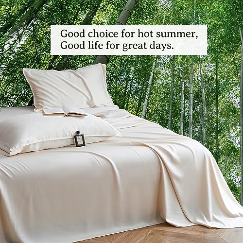 Simple&Opulence 100% Viscose from Bamboo Sheet Set 4Pcs, Cooling for Hot Sleepers, Soft Breathable Bed Sheets Set, 15" (38cm) Deep Pockets, Luxury Hotel Silky Bedding Sheets (Beige,King)