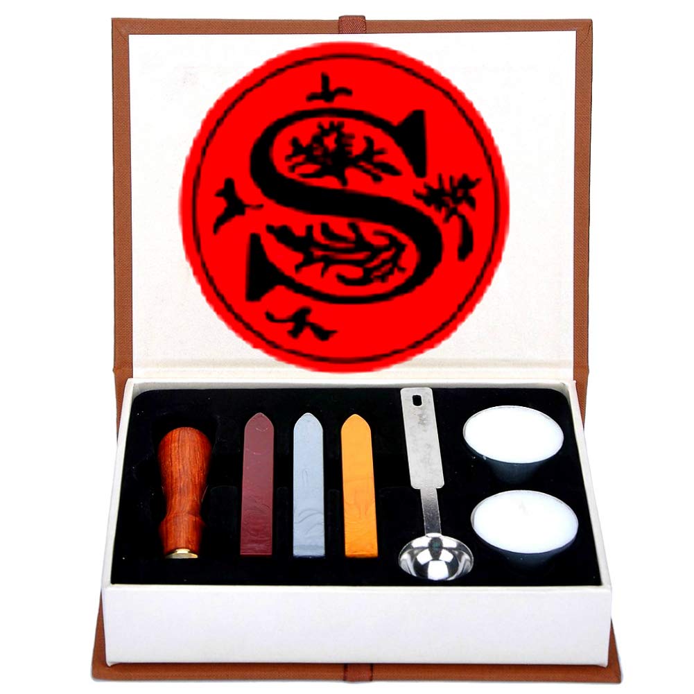 ANBOSE Letter S Wax Seal Stamp Set, Alphabet S Letters Sealing Kit - Wooden Handle Copper Seal, 3 Wax Sticks, Melting Spoon, 2 White Candles