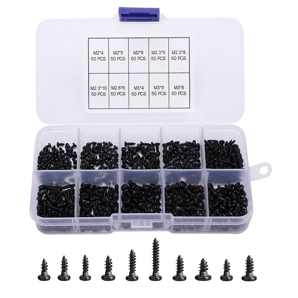 VooGenzek 500 PCS M2 M2.3 M2.6 M3 Cross Head Self Tapping Screws, Pan Head Micro Screws, for Plastic Wood Soft Metal (Black Miniature) — image 1
