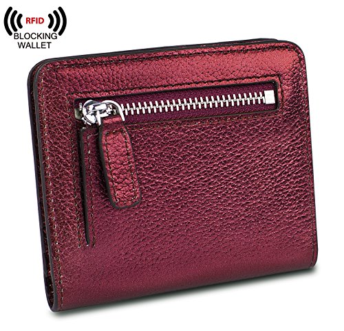 BIG SALE-AINIMOER Women's RFID Blocking Leather Small Compact Bifold Pocket Wallet Ladies Mini Purse with id Window (Wine Gold)