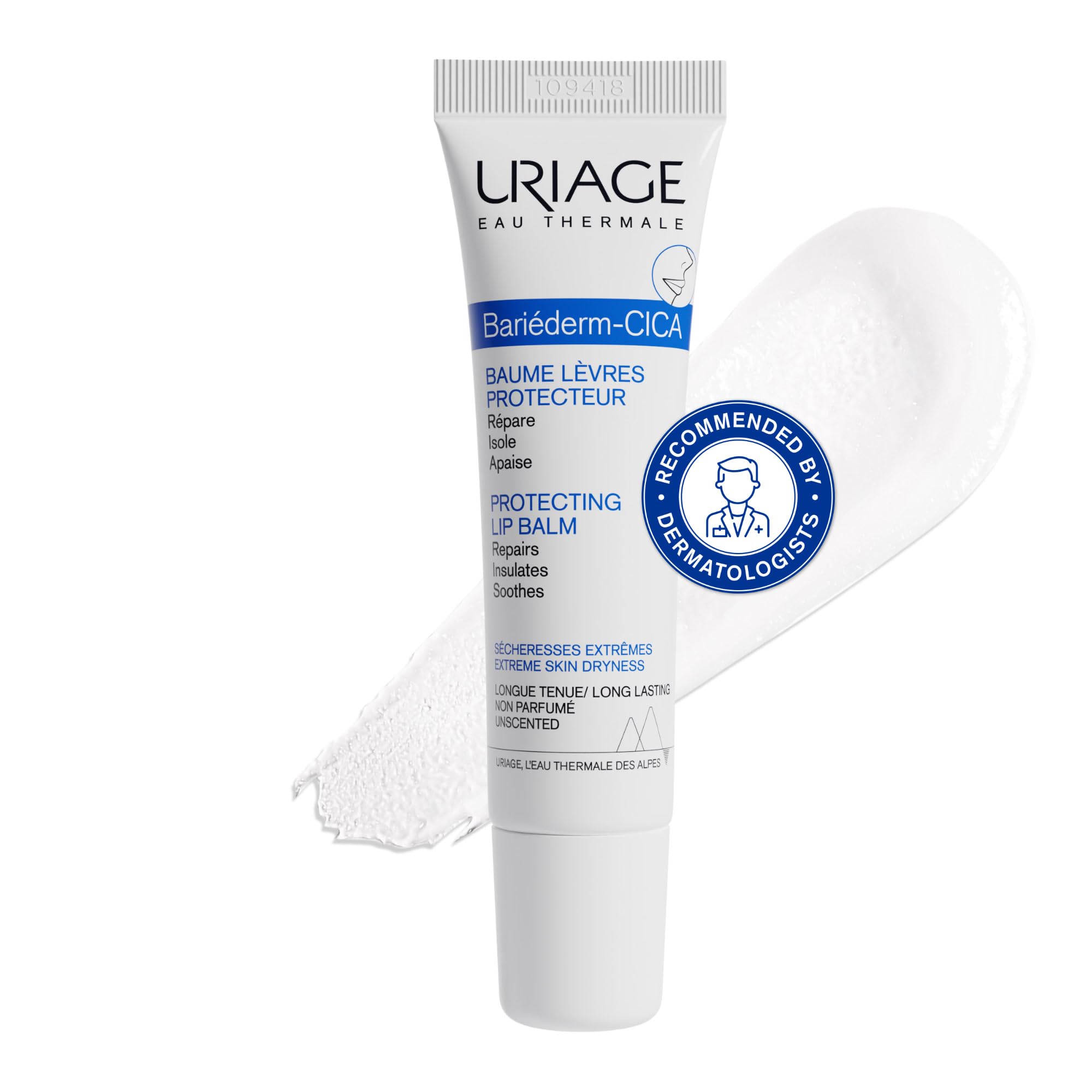 Uriage Bariederm-Cica Protecting Lip Balm with Glycerin - Ultra-Nourishing Lip Repair Ointment for Dry, Chapped, Cracked & Damaged Lips - Soothes & Repairs Lips - Fragrance-free - 15ml