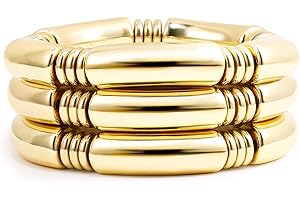 BADU Gold Chunky Bangles Bracelets For Women 14k Gold Plated Stack Layered Curved Bamboo Tube Stretch Bracelets Gift Jewelry