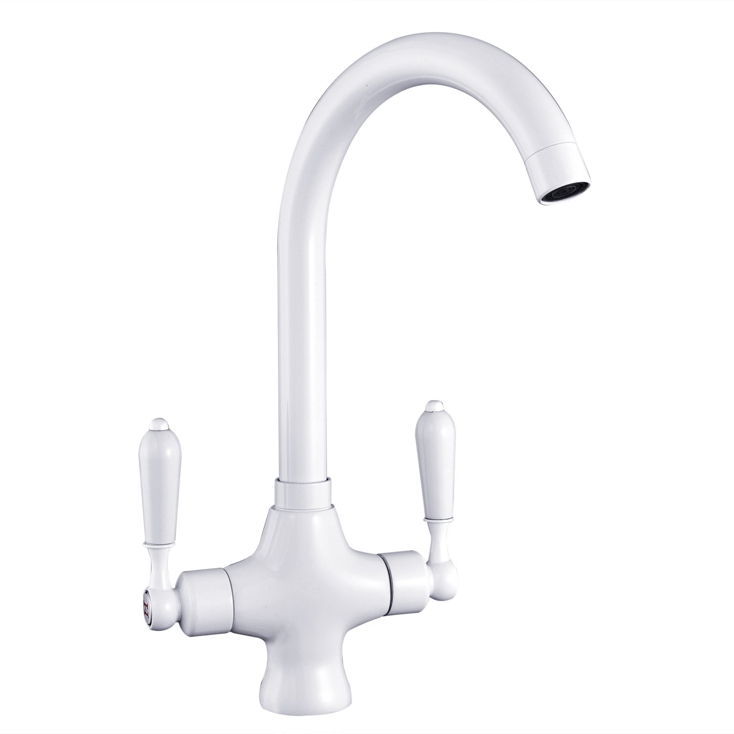 Funime Traditional Kitchen Sink Mixer Taps White Elegant Ceramic Dual Lever Kitchen Faucet Monobloc Swivel Bar Tap with Standard Hoses