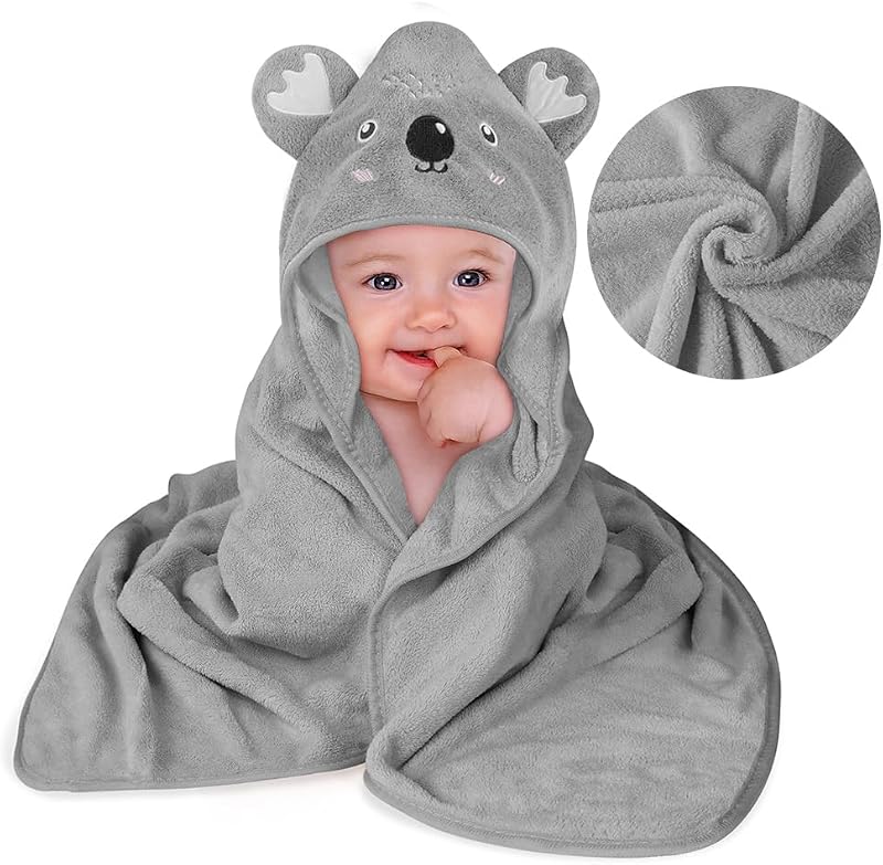 Cape de Bain Bébé à Capuche, Sortie de Bain Bébé Super Absorbante, 80 x 80cm Peluche De Corail De Haute Qualité, Serviettes de Bain pour bébé 0-3 Ans, Idée Cadeau Naissance Bébé(Gris)