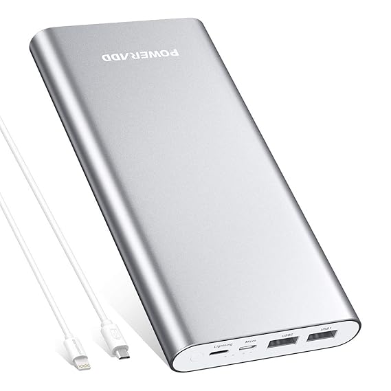 POWERADD 20000mAh Powerbank Externer Akku mit Micro USB und Iightning Eingang, 2 Ausgänge bietet jeden Anschluss Max. 3,0 Amp