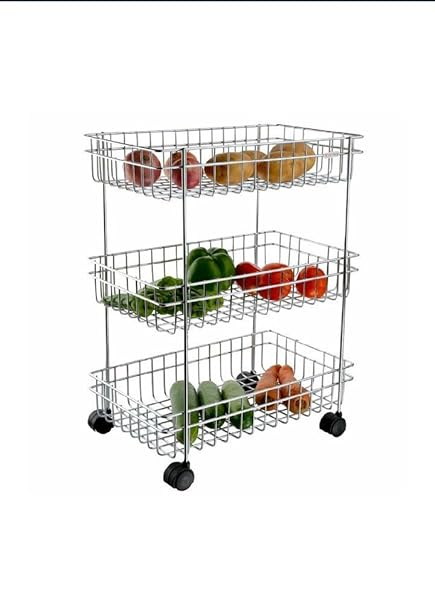 Myspace Fruit & Vegetable Trolley Rack, Rectangle, 3-Tier, 23x41x63 cms, Stainless Steel (Multipurpose Kitchen Storage Rack to Store Daily Use Vegetables and Fruits).