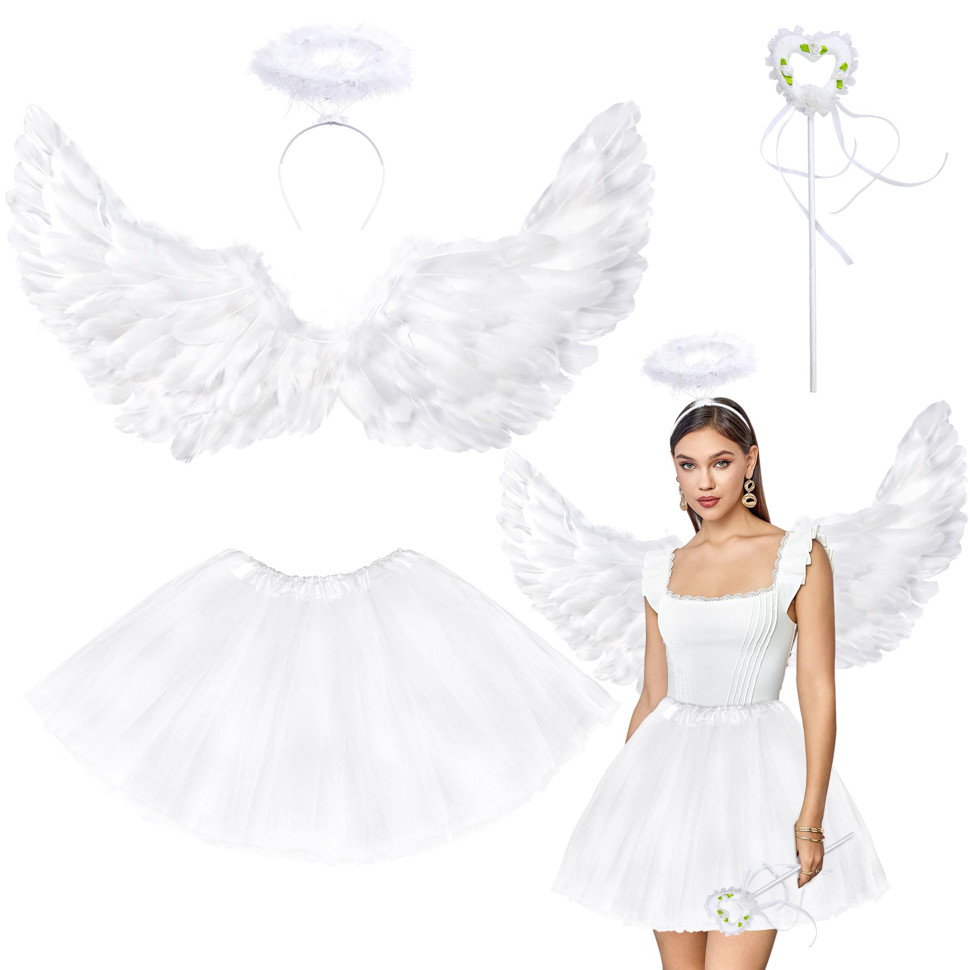 Goenb Angel Wings, 80 * 40cm White Wings and Halo Wand Costume Accessories With Tulle Tutu Skirt for Women Girls Halloween Christmas Fancy Dress Up โ image 1